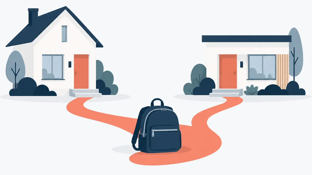 Ilustración de dos casas unidas por un camino con una mochila, que representa el cuidado personal compartido