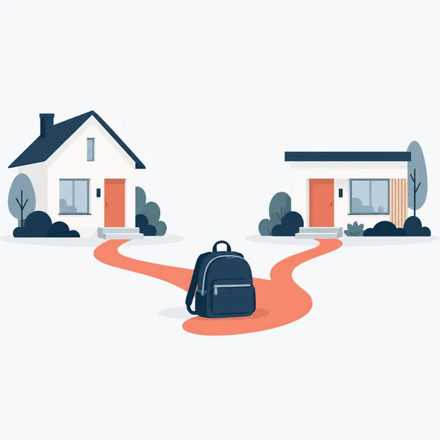 Ilustración de dos casas unidas por un camino con una mochila, que representa el cuidado de los hijos entre dos hogares